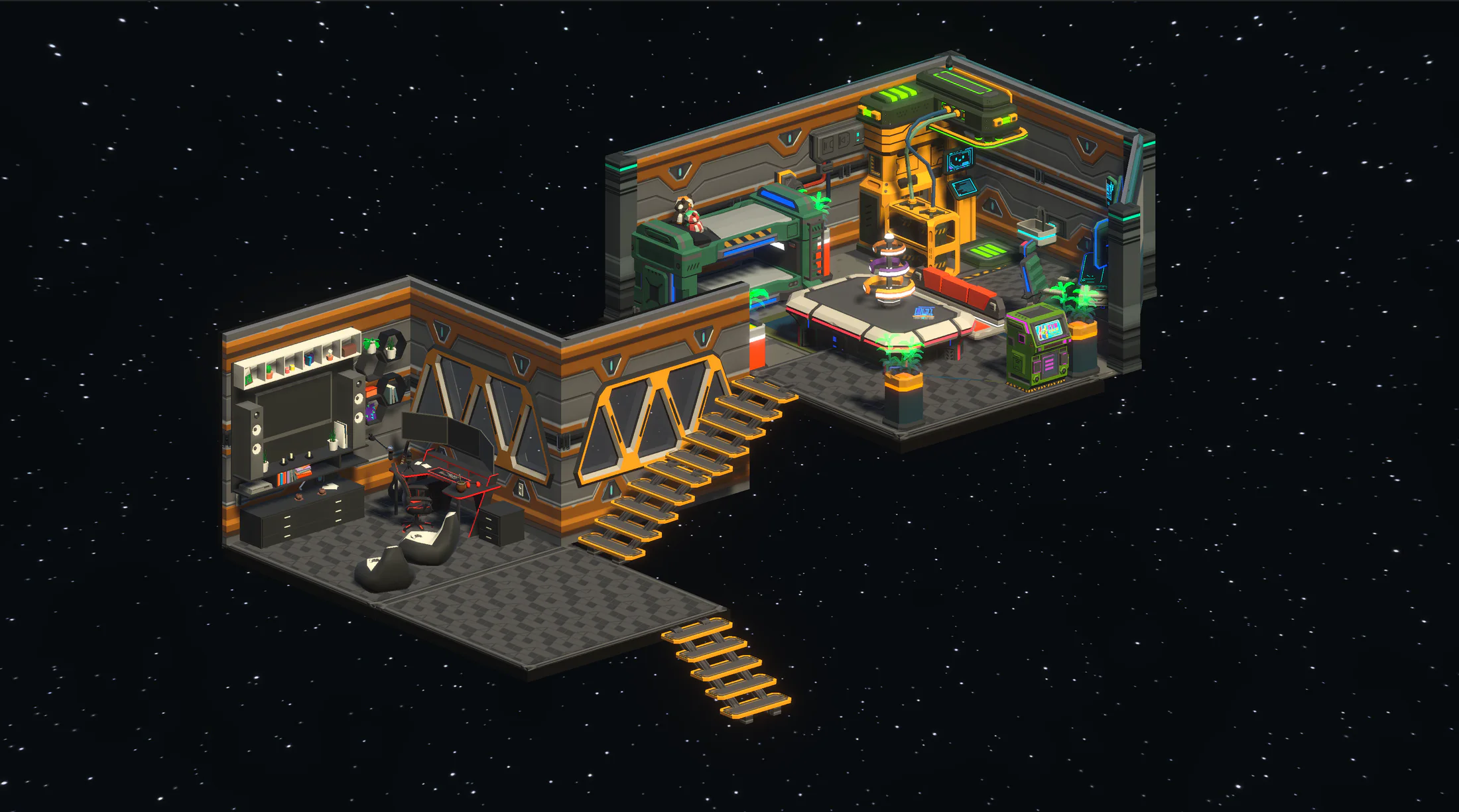 Connected X SPACE rooms in orbit